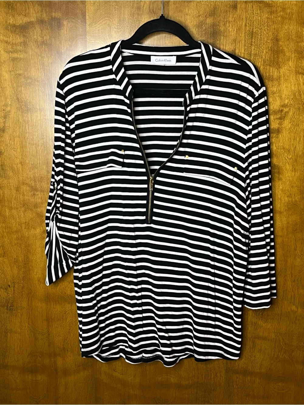 Calvin Klein Black White Striped Zip Neck Blouse Roll Tab Sleeve Stretch Top